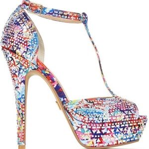 Thalia Sodi Multicolor T-Strap Crystal Platform Heels